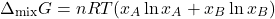 \begin{align*} & \Delta_\text{mix} G = nRT(x_A\ln{x_A} + x_B\ln{x_B}) \end{align*}