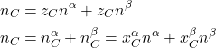 \begin{align*}&n_C = z_Cn^\alpha + z_C n^\beta\\&n_C = n_C^\alpha + n_C^\beta = x_C^\alpha n^\alpha + x_C^\beta n^\beta\end{align*}