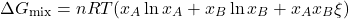 \begin{align*} & \Delta G_\text{mix} = nRT(x_A\ln{x_A} + x_B \ln{x_B} + x_Ax_B\xi) \end{align*}