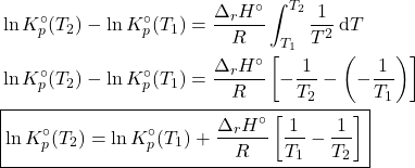 \begin{align*}&\ln{K_p^\circ (T_2)} - \ln{K_p^\circ (T_1)} = \f{\Delta_r H^\circ}{R}\int_{T_1}^{T_2}\f{1}{T^2}\dd{T}\\&\ln{K_p^\circ (T_2)} - \ln{K_p^\circ (T_1)} = \f{\Delta_r H^\circ}{R}\colchetes{-\f{1}{T_2} - \parentesis{-\f{1}{T_1}}}\\&\boxed{\ln{K_p^\circ (T_2)} = \ln{K_p^\circ (T_1)} + \f{\Delta_r H^\circ}{R}\colchetes{\f{1}{T_1} - \f{1}{T_2}}}\end{align*}