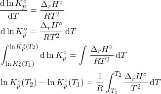 \begin{align*}&\dv{\ln{K_p^\circ}}{T} = \f{\Delta_r H^\circ}{RT^2}\\&\dd{\ln{K_p^\circ}} = \f{\Delta_r H^\circ}{RT^2}\dd{T}\\&\int_{\ln{K_p^\circ (T_1)}}^{\ln{K_p^\circ (T_2)}}\dd{\ln{K_p^\circ}} = \int_{}^{}\f{\Delta_r H^\circ}{RT^2}\dd{T}\\&\ln{K_p^\circ (T_2)} - \ln{K_p^\circ (T_1)} = \f{1}{R}\int_{T_1}^{T_2}\f{\Delta_r H^\circ}{T^2}\dd{T}\end{align*}