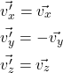 \begin{align*} &  \vec{v_x'} = \vec{v_x}\\&  \vec{v_y'} = -\vec{v_y}\\&  \vec{v_z'} = \vec{v_z}\end{align*}