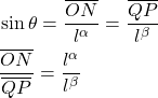 \begin{align*}&\sin{\theta} = \f{\overline{ON}}{l^\alpha} = \f{\overline{QP}}{l^\beta}\\&\f{\overline{ON}}{\overline{QP}} = \f{l^\alpha}{l^\beta}\end{align*}