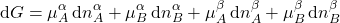 \begin{align*}&\dd{G} = \mu_A^\alpha\dd{n_A^\alpha} + \mu_B^\alpha\dd{n_B^\alpha} + \mu_A^\beta\dd{n_A^\beta} + \mu_B^\beta\dd{n_B^\beta}\end{align*}