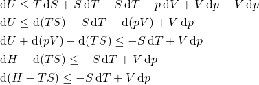 \begin{align*}&\dd{U} \le T\dd{S} + S\dd{T} - S\dd{T} - p\dd{V} + V\dd{p} - V\dd{p}\\&\dd{U} \le \dd{(TS)} - S\dd{T} - \dd{(pV)} + V\dd{p}\\&\dd{U} + \dd{(pV)} - \dd{(TS)} \le- S\dd{T}  + V\dd{p}\\&\dd{H} - \dd{(TS)} \le- S\dd{T}  + V\dd{p}\\&\dd{(H-TS)} \le- S\dd{T}  + V\dd{p}\end{align*}